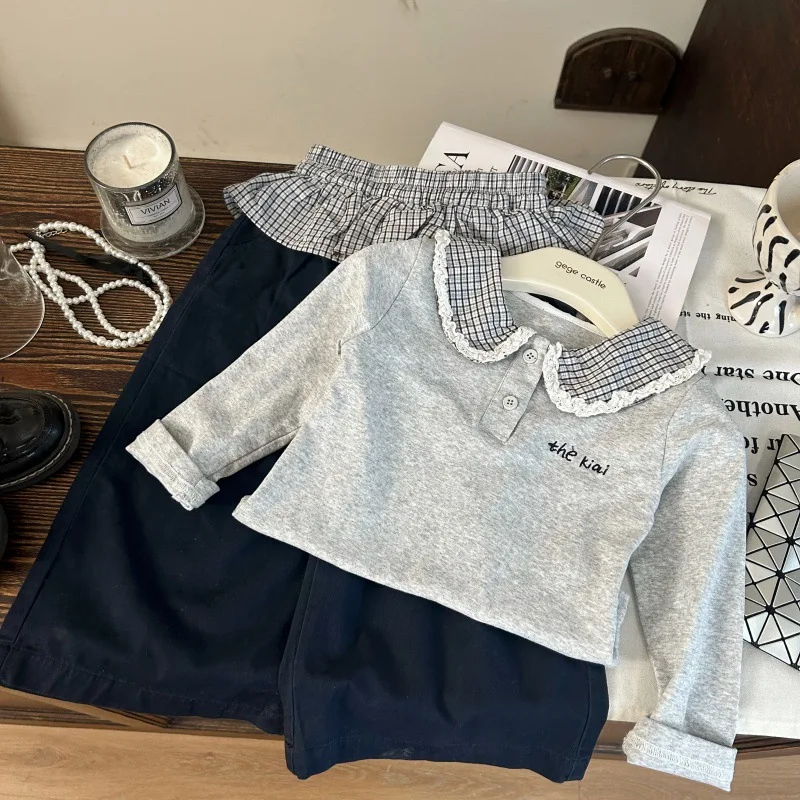 

Autumn Toddler Kids 2PCS Peter Pan Collar Letter Printed Children Girls Shirt Plaid Mid Waist Infant Baby Girls Wide Leg Pants