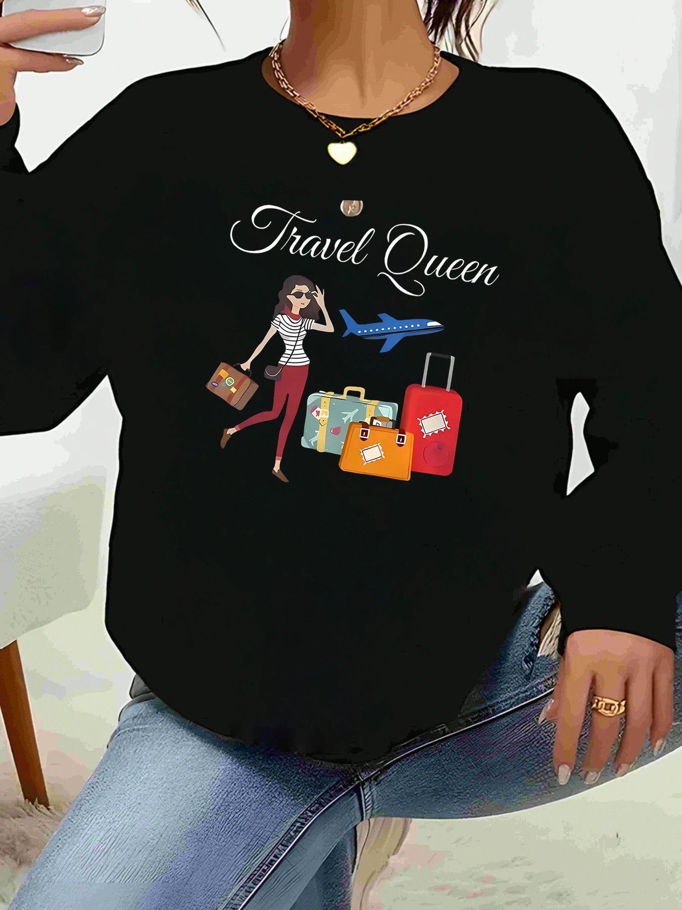 

Футболка с длинным рукавом и графическим принтом Travel Queen, женская повседневная одежда для любителей путешествий, женский модный топ