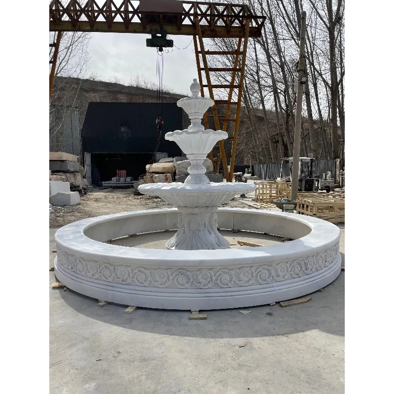Natural white marble fountain hand-carved large outdoor garden white granite stone pool 3-story marble fountain