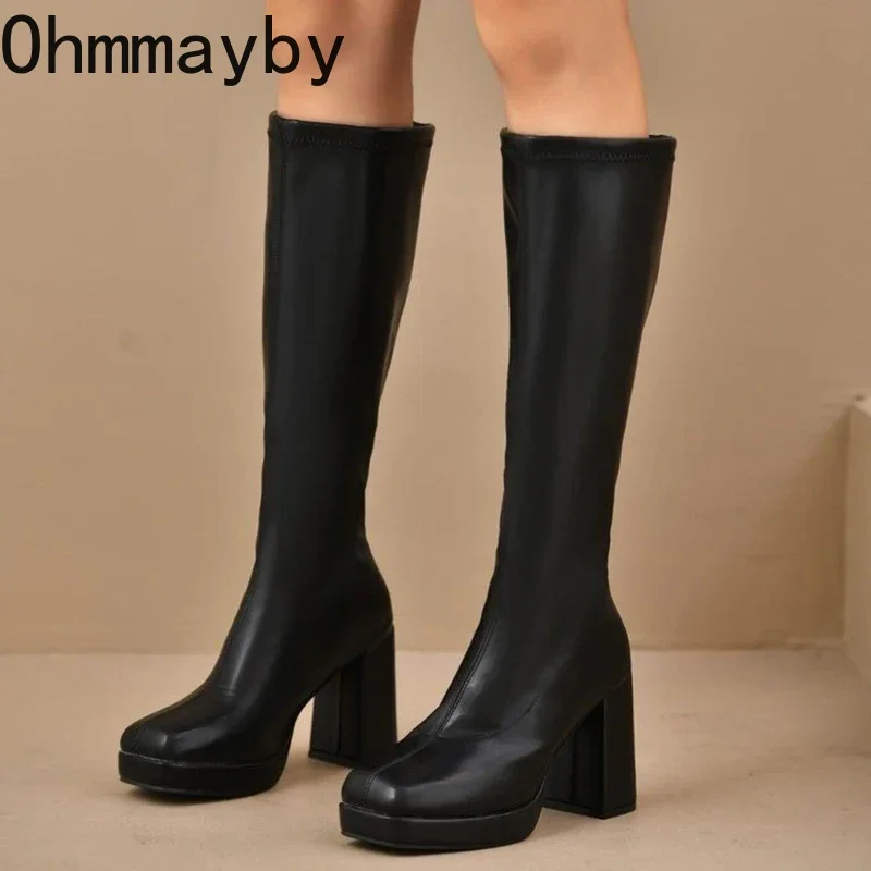 Autumn Winter Platform Women Knee High Boots Fashion Slip On Shoes Concise Square High Heel Long Botas De Mujer