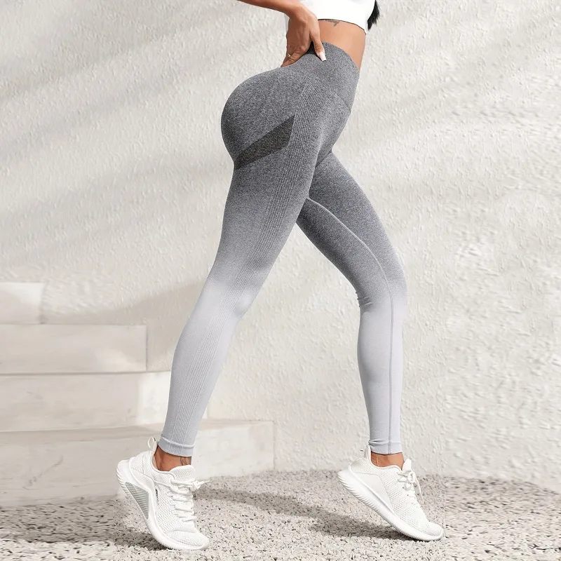 Oshoplive Women's Fashion Gradient Color Ribbed Leggings High Waist Butt Lift Yoga Pants Gym Workout Activewear Tights Pants