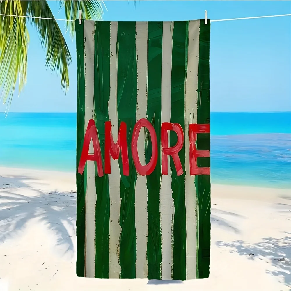 Green and white striped pattern polyester microfiber beach towel is highly absorbent, suitable for swimming and beach outings