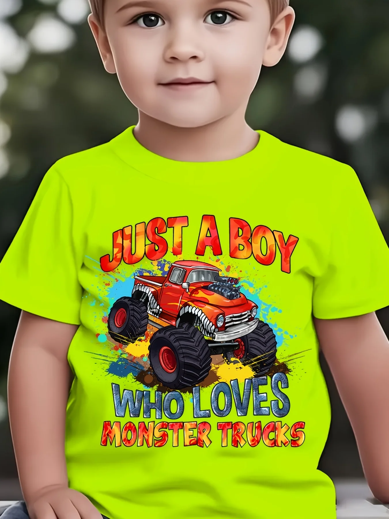 NY‑DX3509 Boys JUST‑A‑BOY‑WHO‑LOVES‑MONSTER‑TRUCKS‑Print Casual Summer Short‑Sleeve Crew‑Neck T‑Shirt