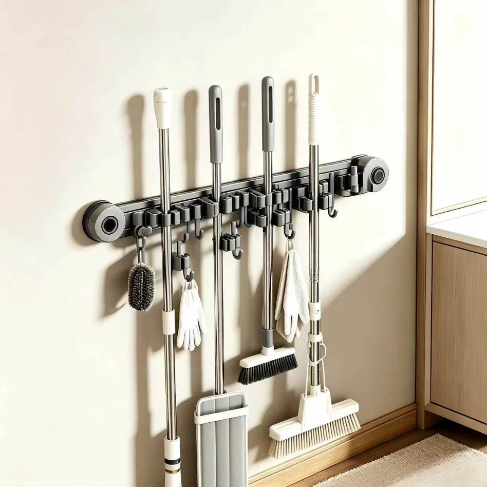 No Drill Suction Cup Mop Holder Wall Mount Mop Clamp Heavy Duty Broom Storage Hook Organizer