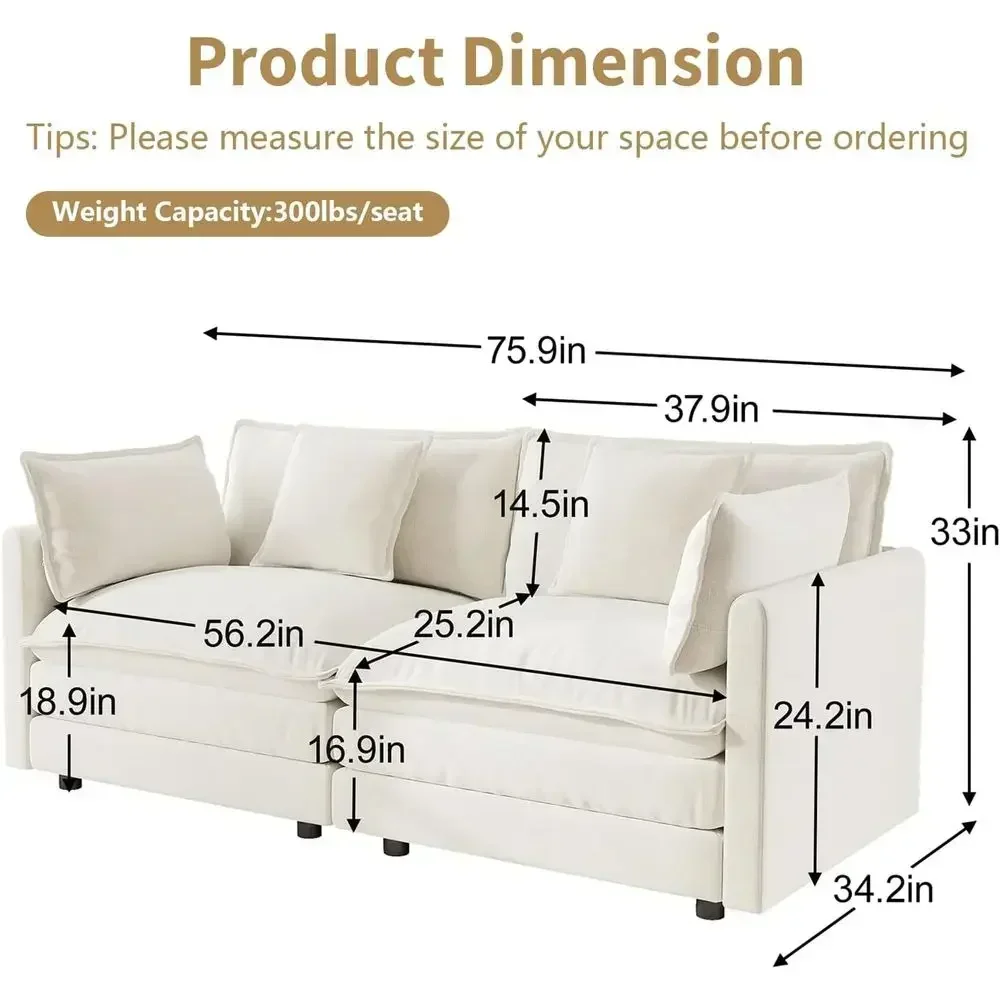 Beige Sectional Sofa with Cloud Comfort, 2 Seater Couch, 25 Deep Seat, Ideal for Small Spaces, Living Room, Office, or Bedroom