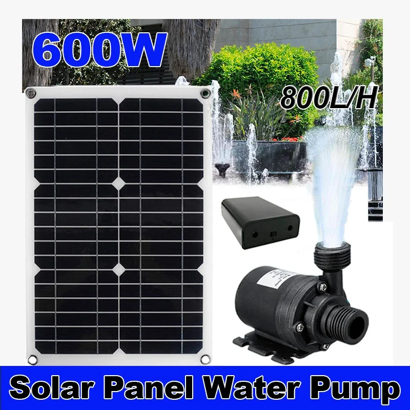 Panneau solaire 600W 800L/H 12V, sans batterie, moteur de pompe submersible ultra silencieux, fontaine pour bassin à poissons, décoration de jardin, système hors réseau