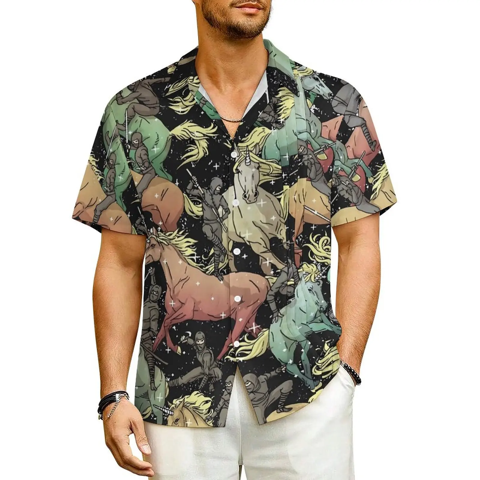 

Horse Print Beach Shirt Man Ninjas Unicorns Elegant Casual Shirts Hawaii Short Sleeves Comfortable Graphic Plus Size Blouses