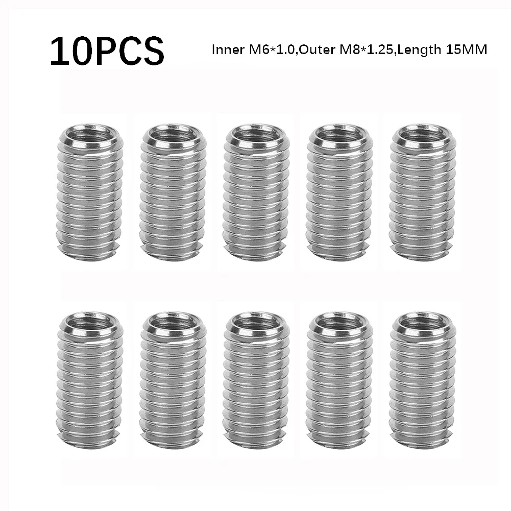 オスおよびメススクリューインサート,レデューサーインサート,インナーm6x10アウター,m8x125,長さ15mm,ナット,幅広い用途,10個