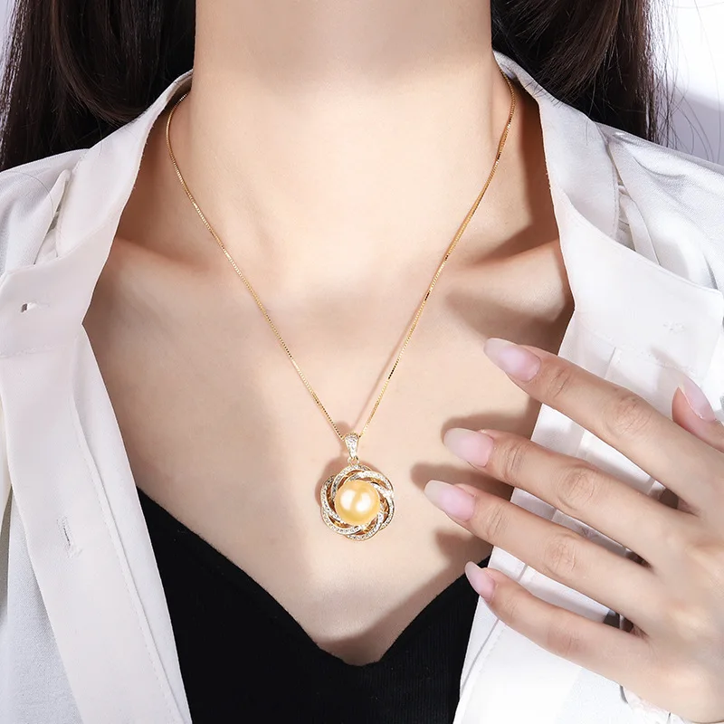 Jewelry Copper Plated Real Gold Inlaid Aobei Mother Pearl Lace Style Temperament Diamond Pendant Necklace 14mm