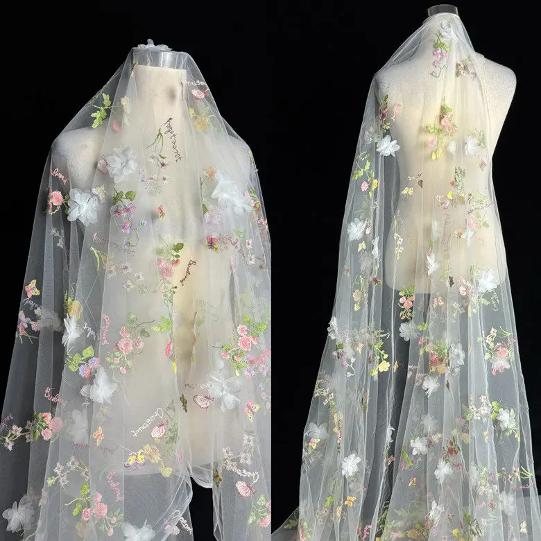 Spring Summer 3D Flower Pattern Multicolor European Style Embroidered Tulle Fabric 150cm Wide Perfect for Bridal Wear