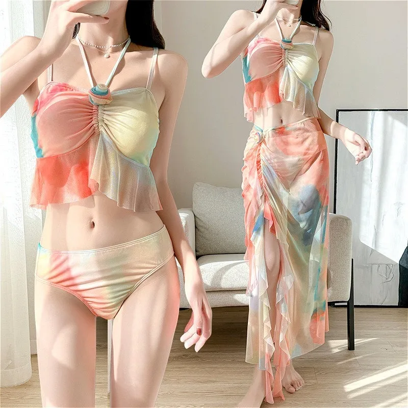 3Pcs/set Gradient Swimsuit Women's Bikinis Sets Beachwear Halter Camisole with Cover Up Swim Skirt Bikini Bathing Suit Vacation