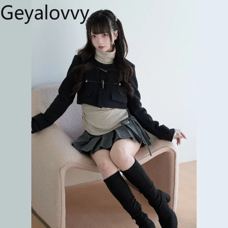 

Autumn Winter New Horn Buttons Woolen Coat Japanese Style Mass-Produced Original Sweet Versatile Round Neck Jacket for Girls