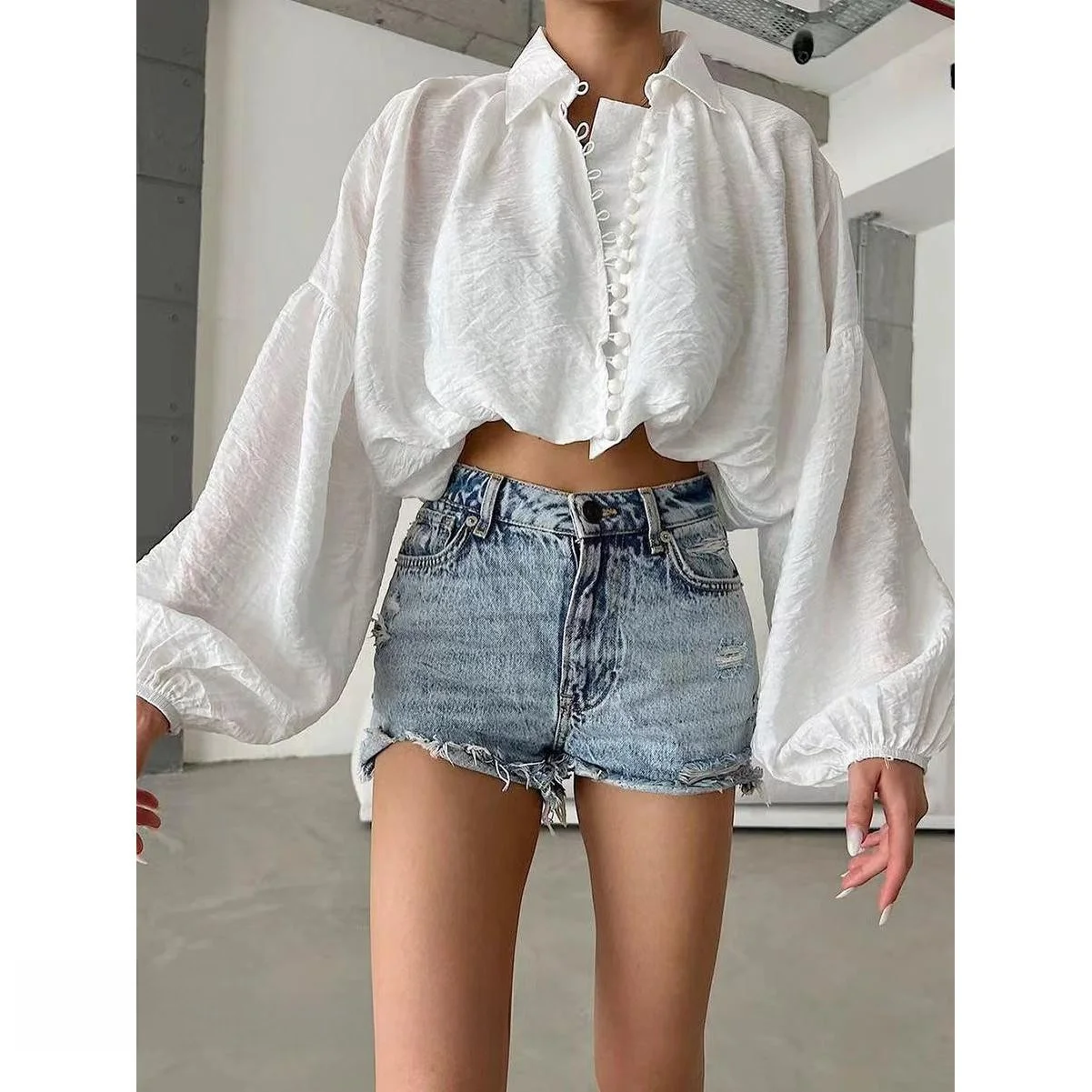 

Свободный Bubble Sve irt Простая плиссированная ткань Ele Sle Женская повседневная мода Long Sve на пуговицах Pure Color для поездок на работу...