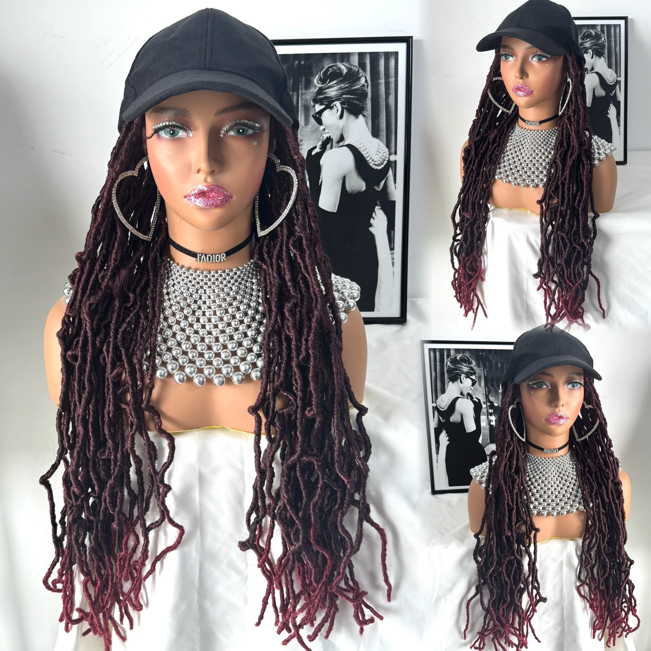 

Ombre Black Burgundy Synthetic 24inch Soft Nu Faux Locs Braided Baseball Cap Wigs Hair Extensions With Hat For Afro Black Women