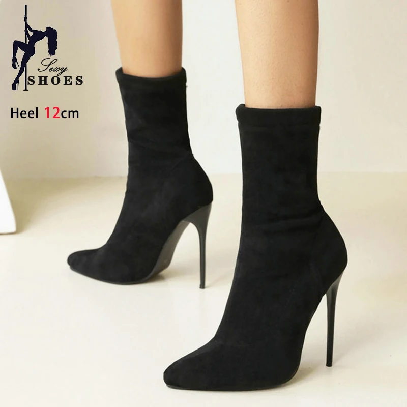 Winter Shoes For Woman Soft Leather Sock Ankle Boots 2024 New Pointed Toe Thin High Heels Women Short Booties Plus Size 44 45 46