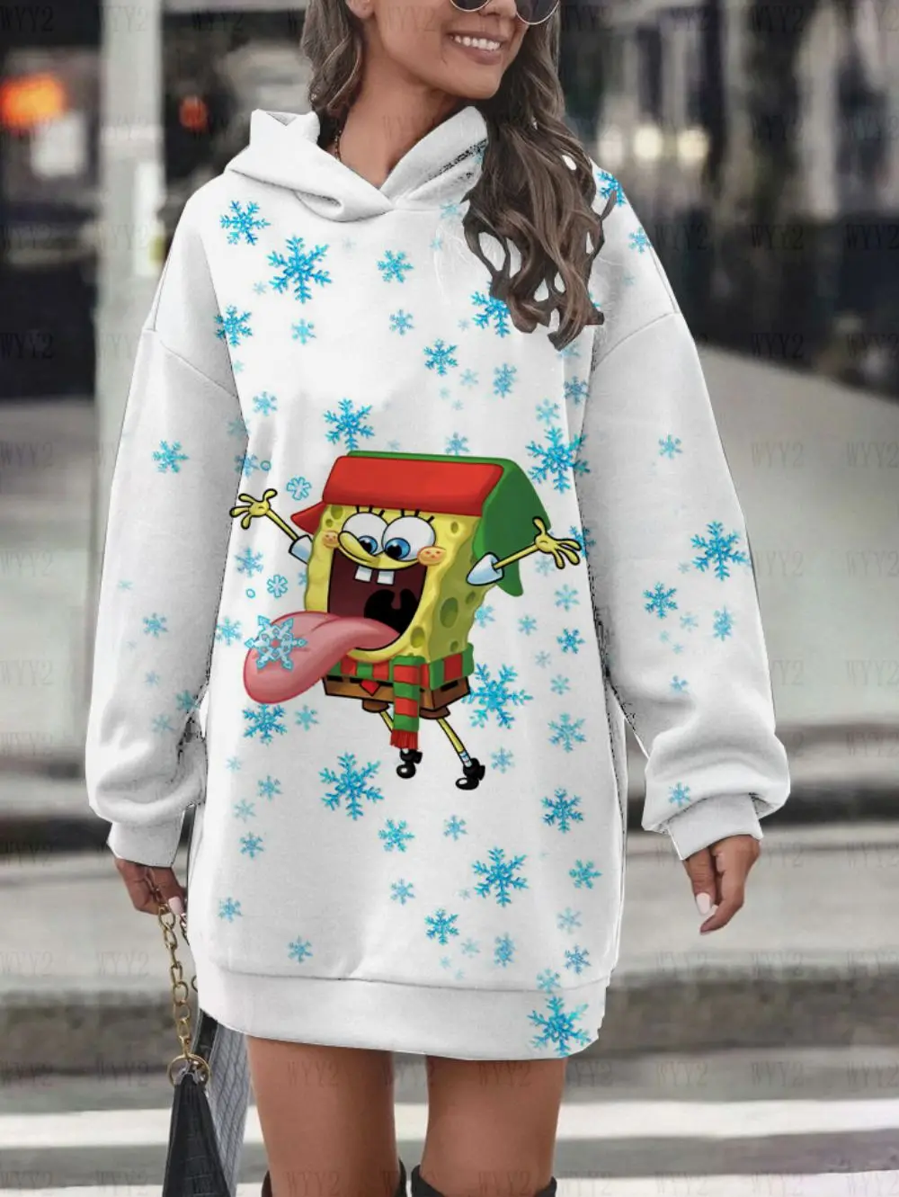 Slimming and age-reducing, cute, casual and fashionable hoodie, SpongeBob print, round neck long sleeve hooded casual sportswear