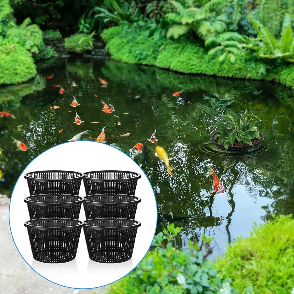

T34C 6 Pcs Hydroponic Baskets Aquatic Black Plastic Garden Mesh Net Pot Hydroponic Pots Slotted Pond Basket for Planting