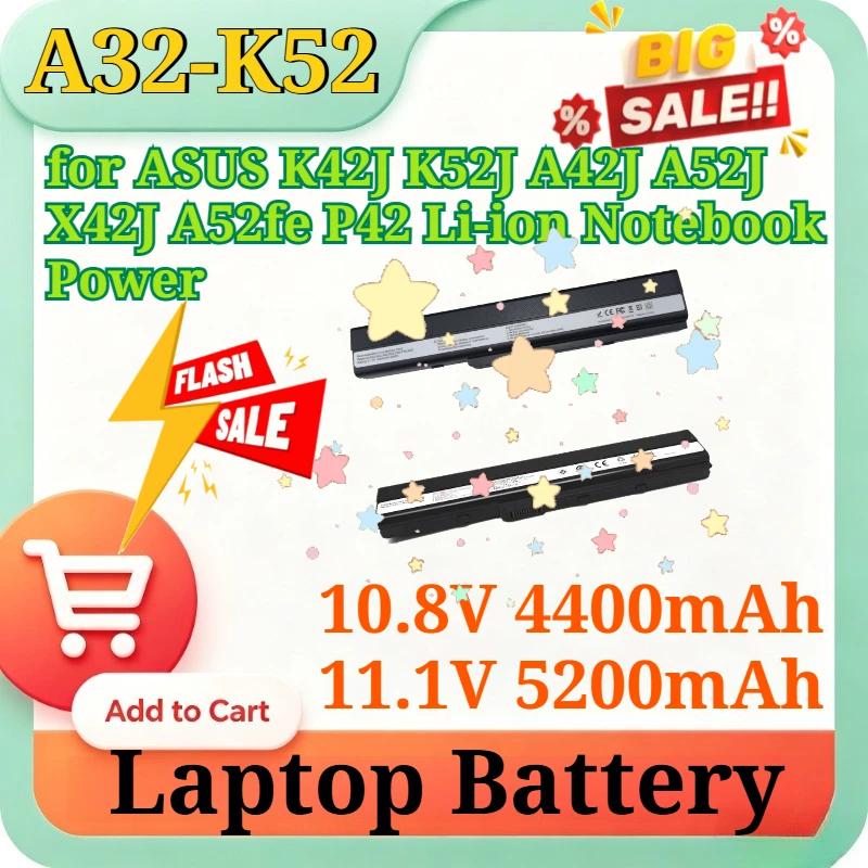 A32-K52 10.8V 4400mAh/11.1V 5200mAh Replacement Laptop Battery for ASUS K42J K52J A42J A52J X42J A52fe P42 Li-ion Notebook Power