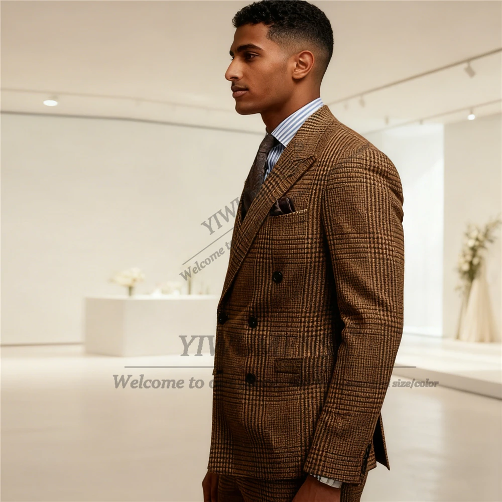 

Мужские модные костюмы с узором «гусиные лапки», мужские двубортные охотничьи пиджаки, индивидуальные свадебные смокинги для жениха, Trajes Para Hombre