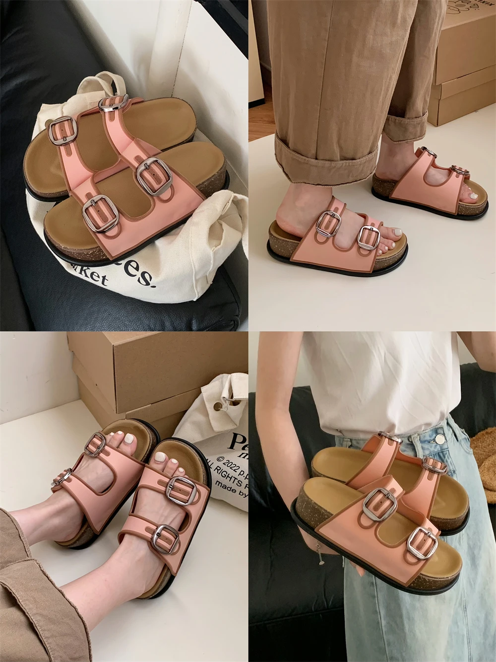 Thick Sole Double Buckle Straps Slippers For Women's 2024 Summer Slippers Featuring Thick Sole Beach Slippers