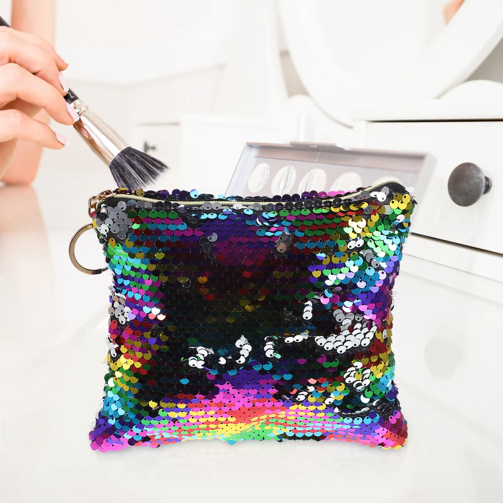 Sequins Pen Bag Purple Plus Light Green Stylish Multifunctional Pencil Case for Women Washable Polyester Organizer Coin