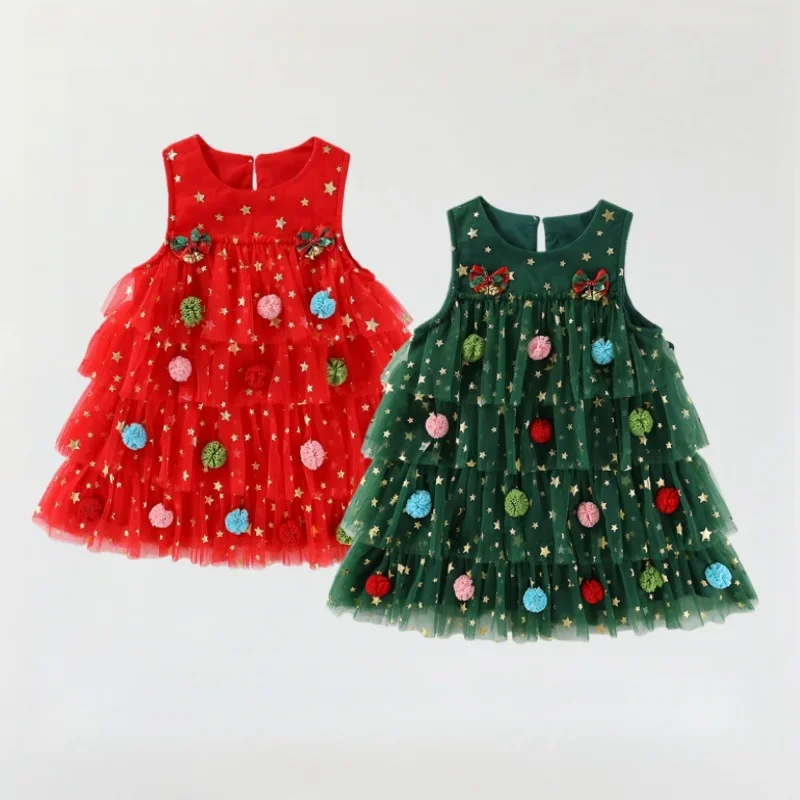

Girls Christmas Tulle Dress 1-5Y Kids Layered Cake Skirt with Pom Poms Star Print Festive Party Dress Toddler Holiday Outfit