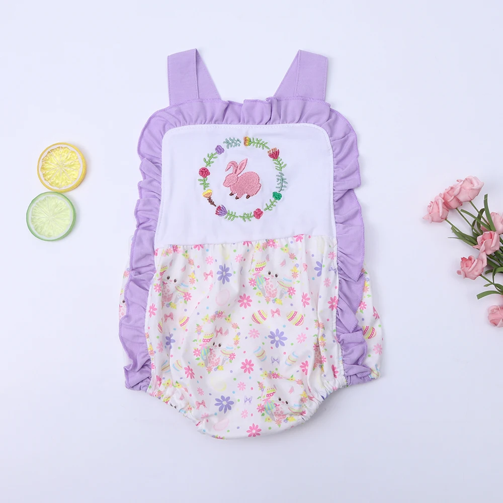 

Babi Easter 0-3T Jumpsuit Baby Boy Clothes Rabbit Embroidery Bubble Infant Romper Sleeve Purple Floral Bodysuit Newborn Outfits