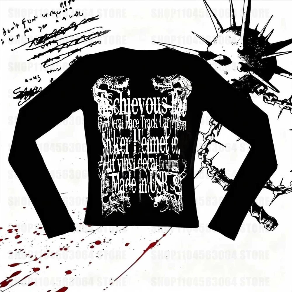 Harajuku long sleeved shirt retro Y2k letter printed T-shirt garbage 2000s style tattoo T-shirt Grunge 90s