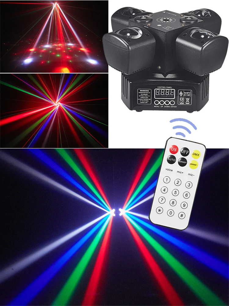 4-Arm-Mini-Moving-Head-Bühneneffektlicht DMX512 Soundgesteuertes LED RGBW Beam Rot Grün Laser Strobe 3-in-1 für Disco DJ Party Bars