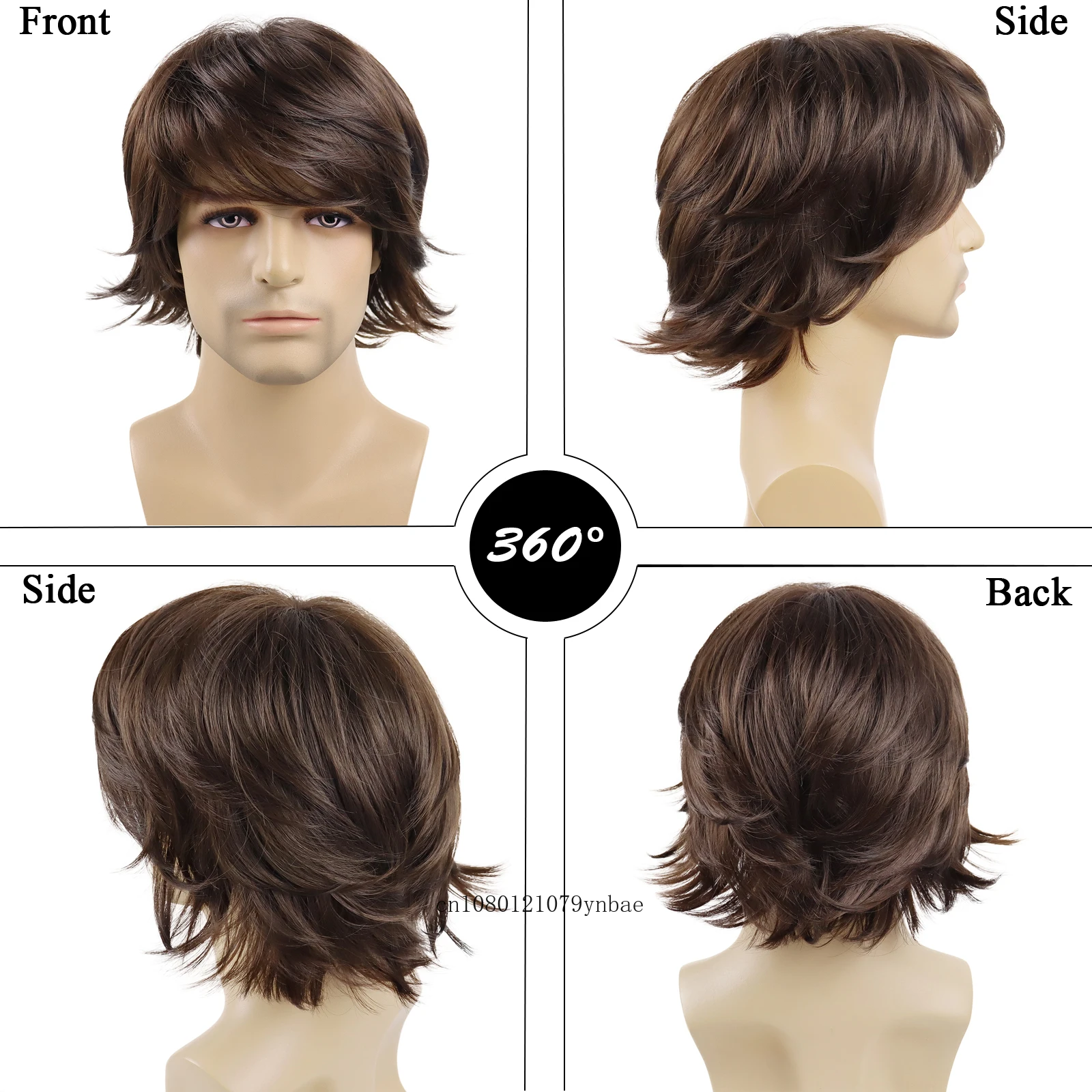 Brown Short Men Wigs Natural Synthetic Hair with Bangs High Temperature Fiber Costume Wig Halloween Cosplay Daily Use Adjustable