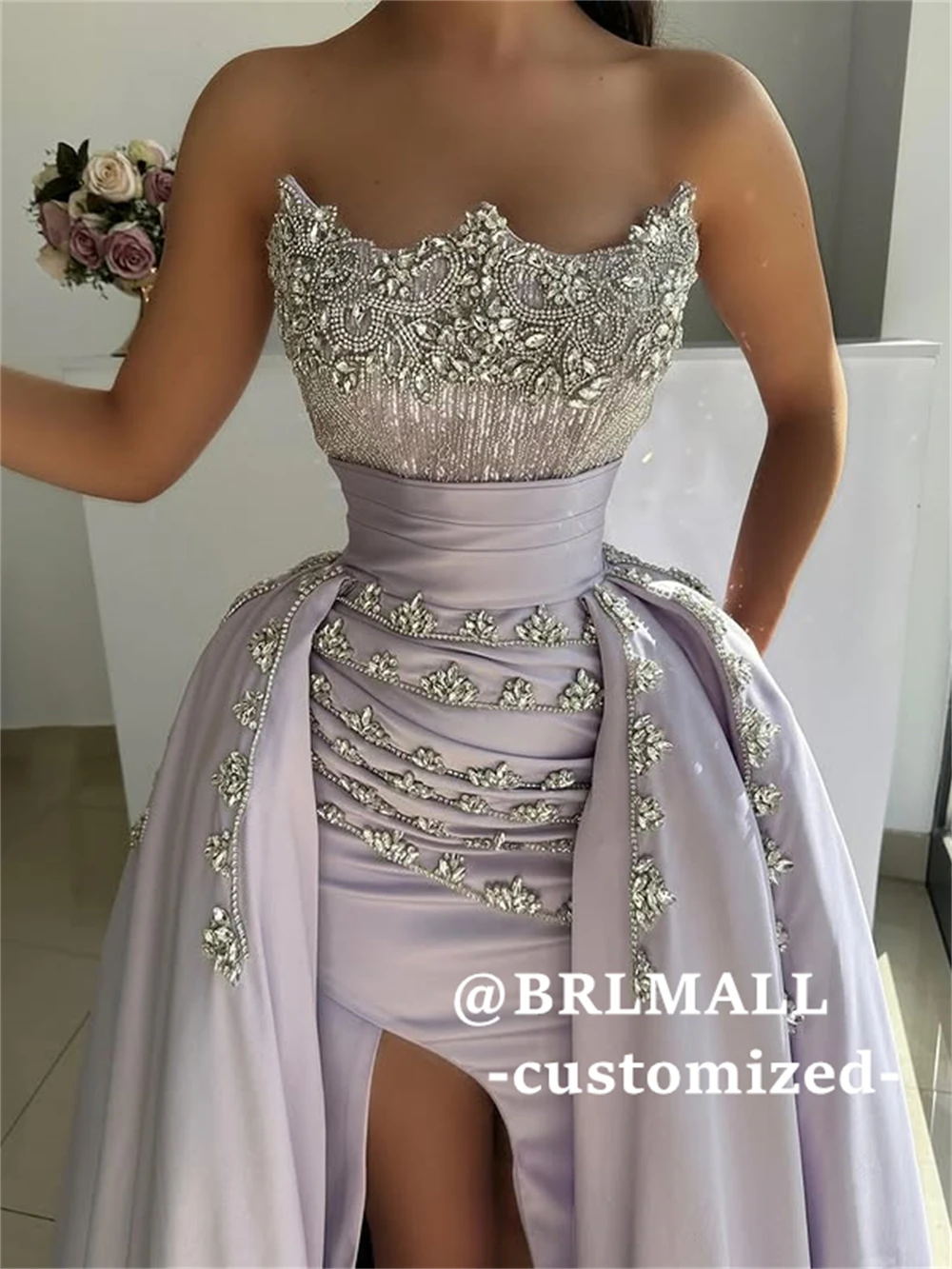 

BRLMALL Crystals Accent Prom Dress for Women - Detachable Train Satin Evening Dresses - Luxury Women's Party Goown - Customized