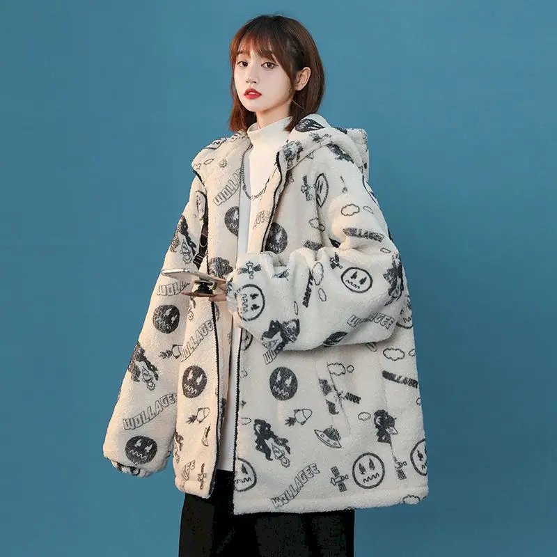 Vintage Bear Fashion Trend Hoodies Lamb Wool Winter Hooded Coat Women Niche Design Japanese Warm Jacket Popular Kawaii Clothes