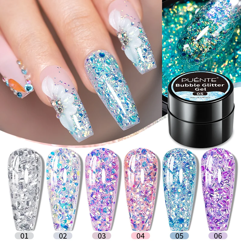 PUENTE 7.5ML Bubble Glitter Gel Nail Polish Sparkling Colorful Glitter Sequins Nail Gel Soak Off UV Nail Art Varnish For Summer