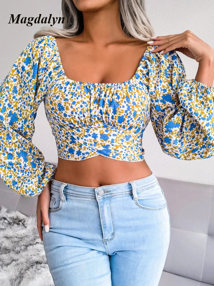 Magdalyn Floral Print Long Sleeve Shirt Fashion Bow Slim Chiffon Blouse Square Neck Elegant Beach Lady Shirts Backless Basic Top