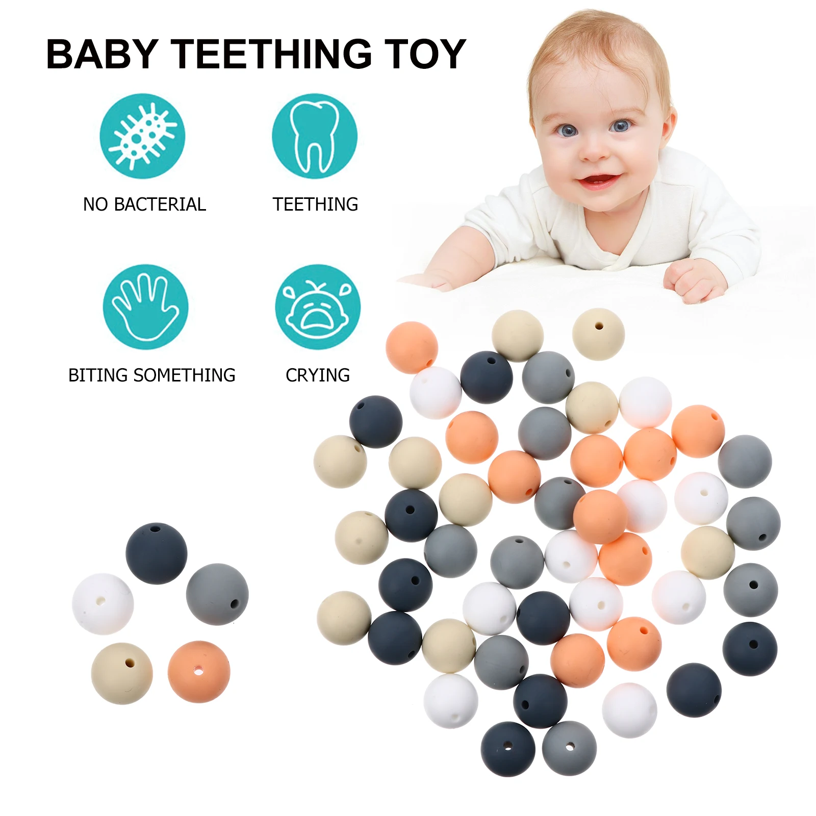 

50Pcs Baby Teething Beads DIY Pacifier Chain Accessories Biting Molar Silicone Teether Necklace Pendant DIY Teething Beads