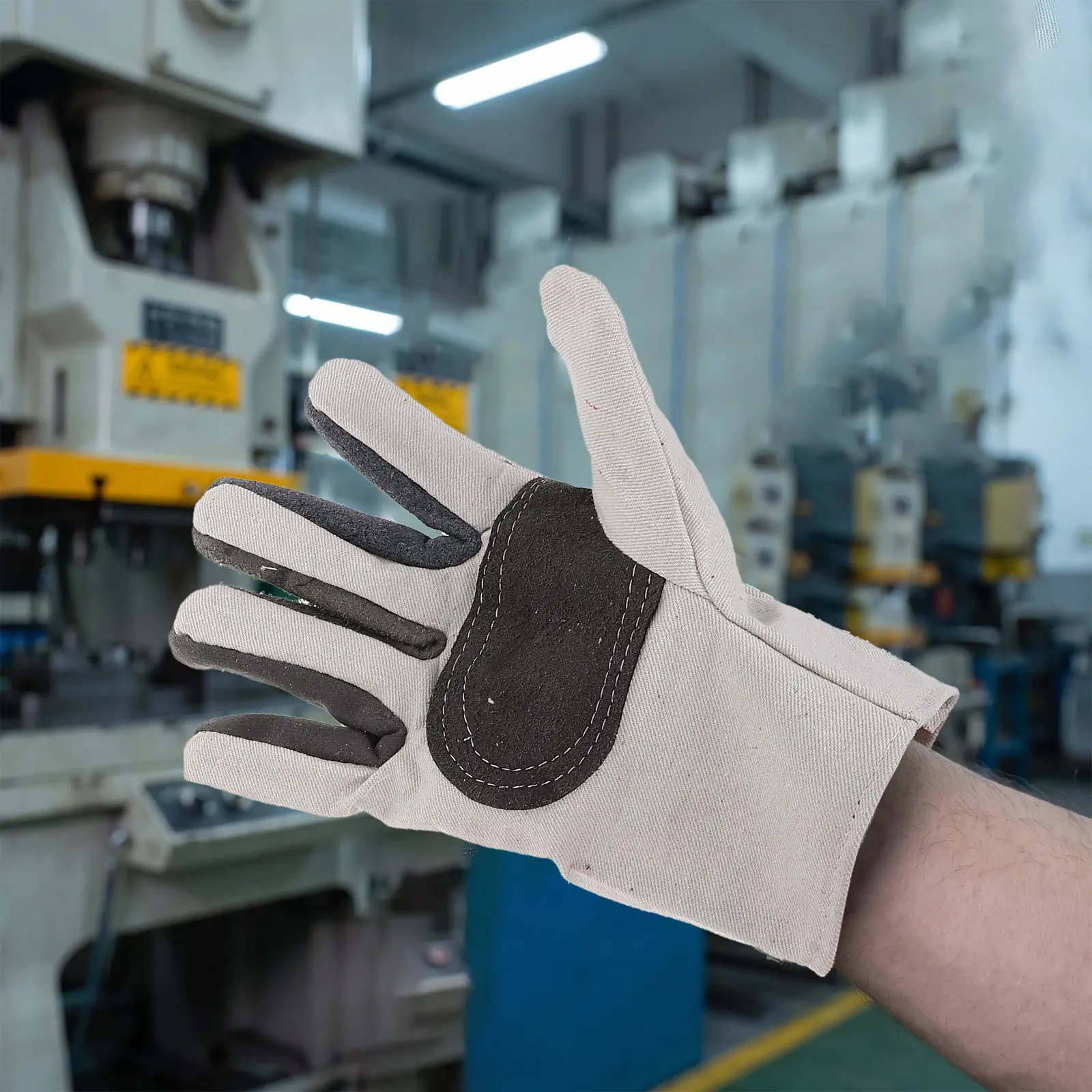 1Pair Heavy Duty Welding Gloves Men Canvas Double Lined Reinforced Palm Abrasion Resistant for Workshop Assembly
