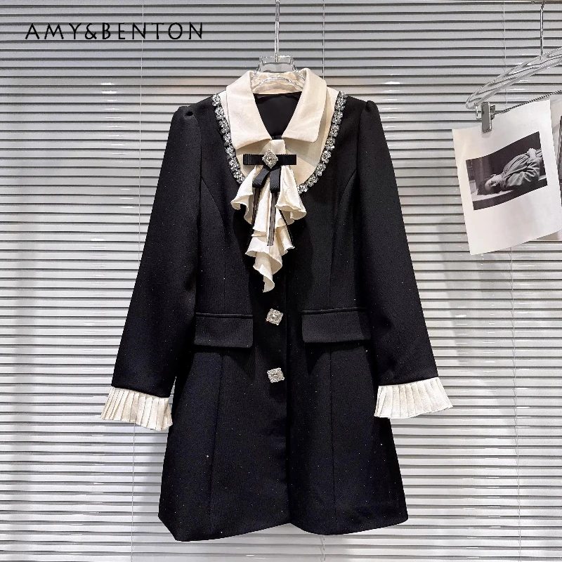 Original Design Black White Splicing Women's Trench Coat 2026 Spring Elegant Bow Scarf Beaded Trim Long Sleeve Overcoat Ladies