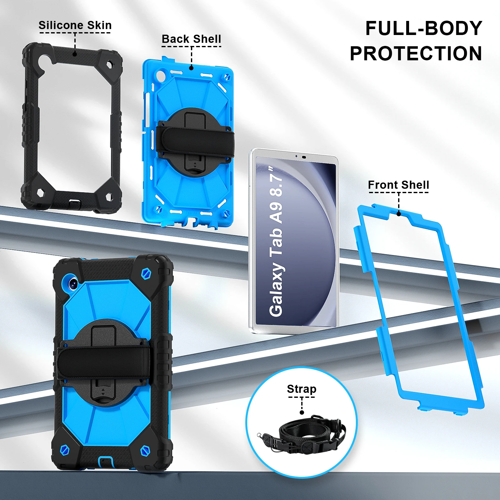 Rotatable Heavy Duty Case For Samsung Galaxy Tab A9 8.7 inch 2023 SM-X110 X115 X117 Armor Stand Cover With Shoulder Strap Funda