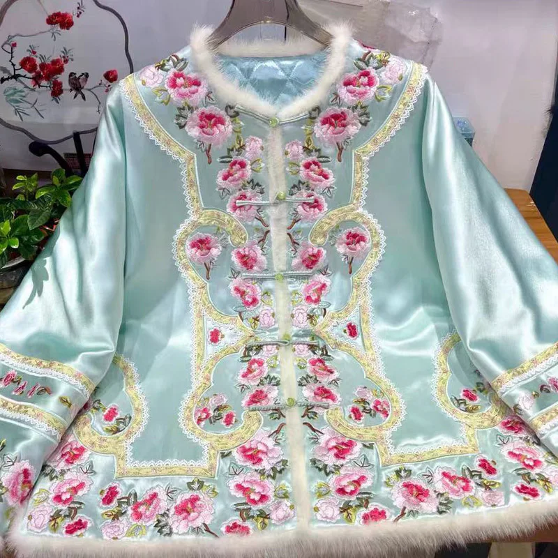 

High-end Winter Warm Coat New Chinese Style Tang Suit Acetate Women Loose Coat Elegant Embroidery Flowers S-XXL