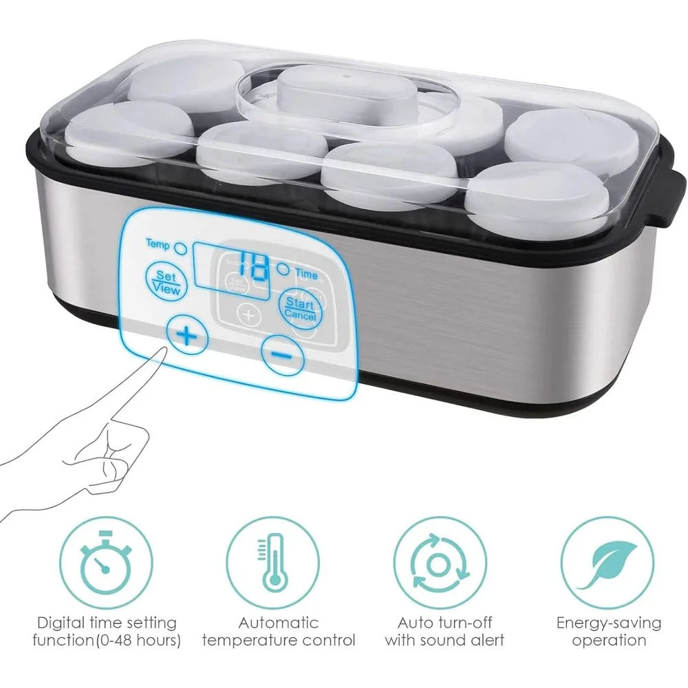 Йогуртница, автоматическая цифровая, с ЖК-дисплеем, 8 стеклянных банок 48 унций/с, дизайн из нержавеющей стали, автоматический контроль температуры