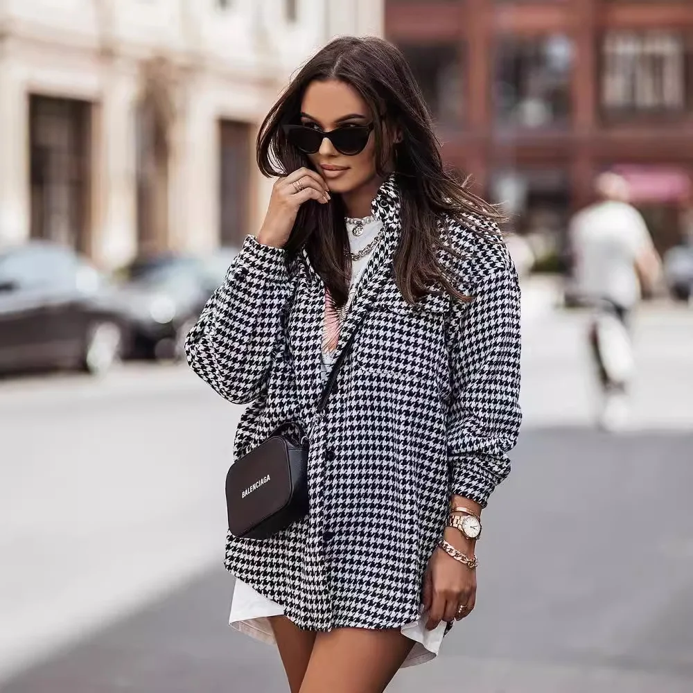 

2026women's New Fashion Trend Casual Comfortable Slim Daily Commuting Versatile Houndstooth Pattern Long-sleeved Shirt for Women