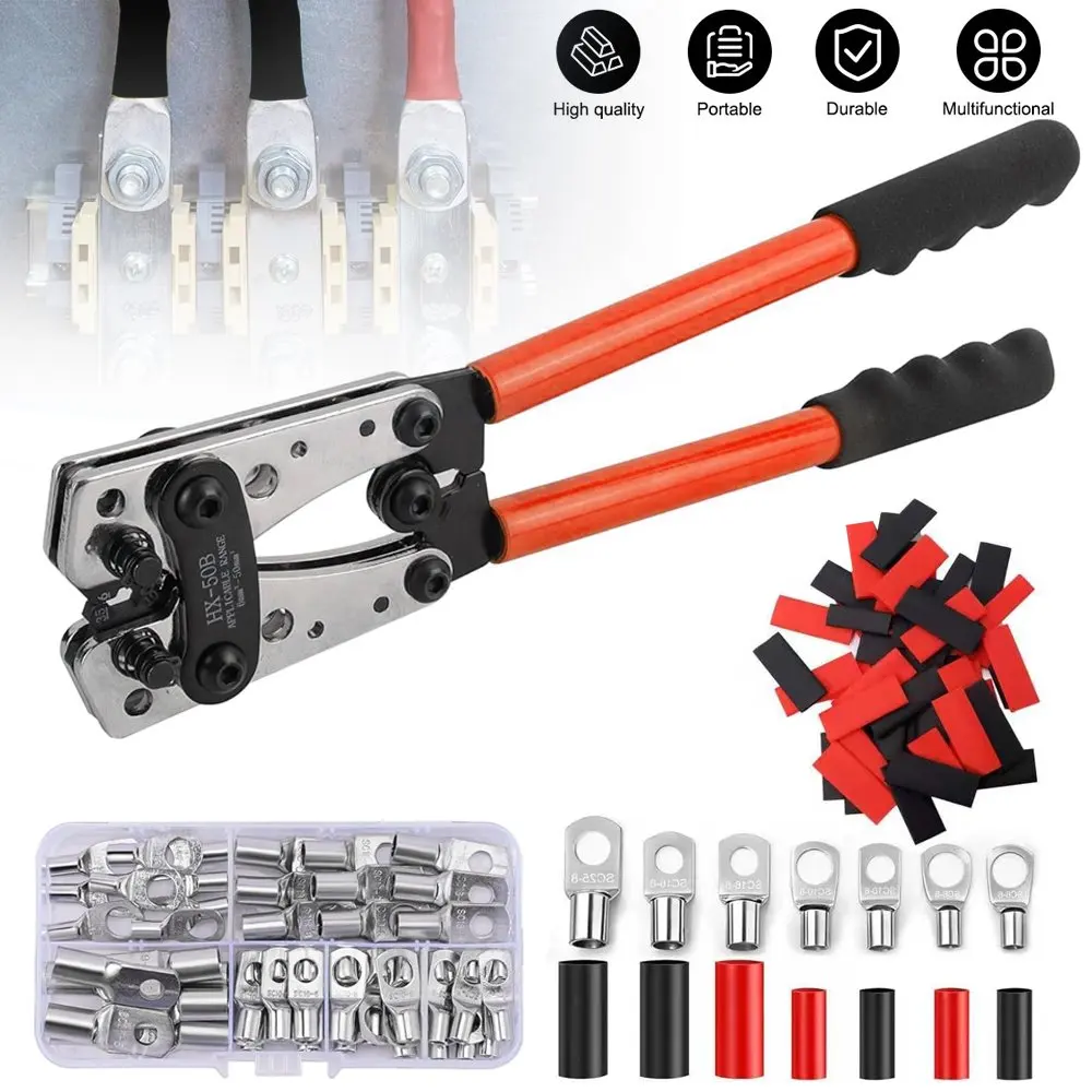 Kit d'outils de sertissage HX-50B, comprenant 60 cosses de câble et 60 gaines thermorétractables ; doté de poignées en acier au carbone ; adapté aux câbles en cuivre/aluminium SC de 6 à 50 mm² ; combine les fonctions de sertissage de câbles et de connexion de bornes dans un seul outil.