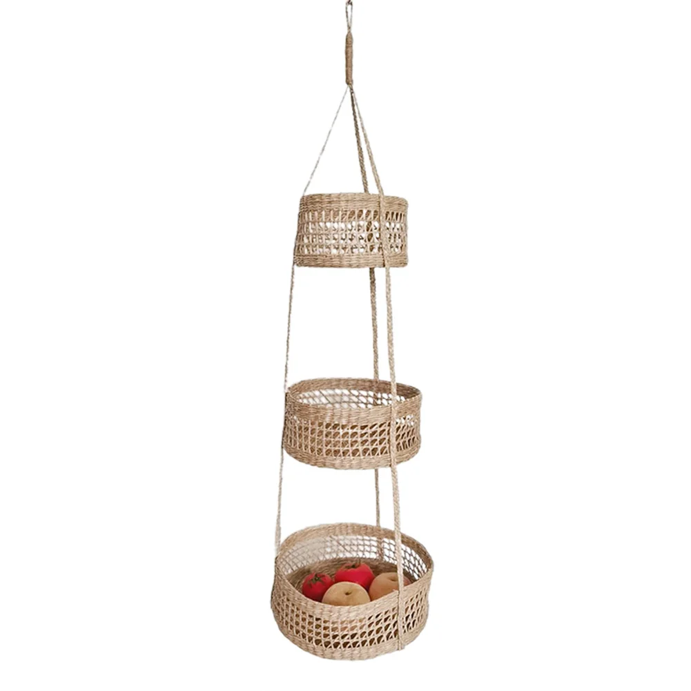 Natural Woven Wicker Hanging Fruit Basket 3 Tier, Handmade, Organize Fruits and Vegetables, for and Garden Natural