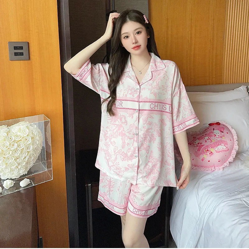 

pink floral print satin pajama sets 2 piece pants trouser ruffled lady outfit lounge women pijama sleepwear pajama nightwear