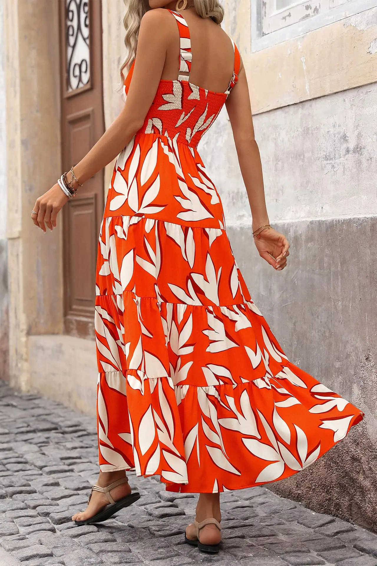 Women's Leaf Print Tank Dress, Boho Fashion Casual Ruffle Trim Long Dress for Beach Holiday Vacation, Ladies Summer Clothes