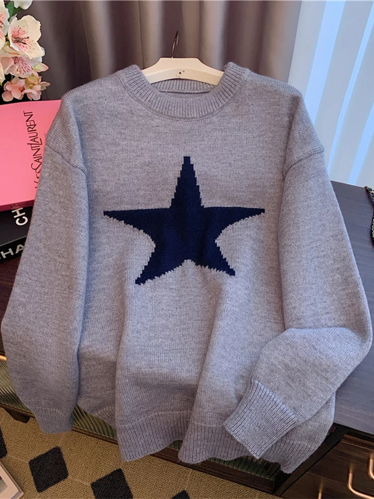 Women's Grey Pullover Star Sweater Harajuku Korean Y2k Long Sleeves O-Neck Cashmere Sweaters Jumper Vintage 2000s Clothes Autumn