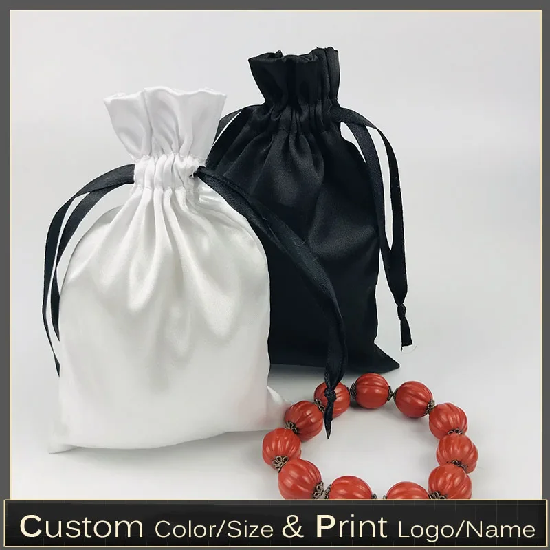 Custom Logo Silk Satin Drawstring Packaging Bag Jewelry Hair Eyelash Bikini Beauty Case Beads Packing Bags Storage Sachet 50pcs