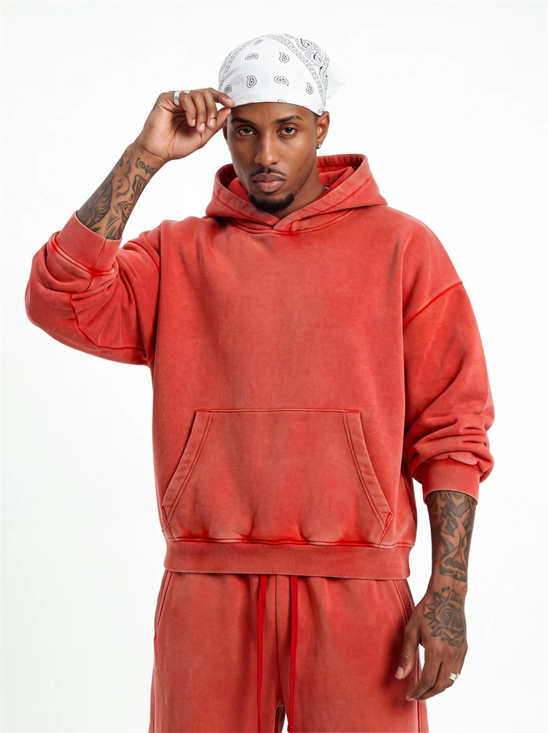 JMD Retro Winter 390gsm Washed Fleece Solid Hoodie For Man Unisex Boxyfit Distressed Soft Warm Hooded Pullovers Coat QH0161