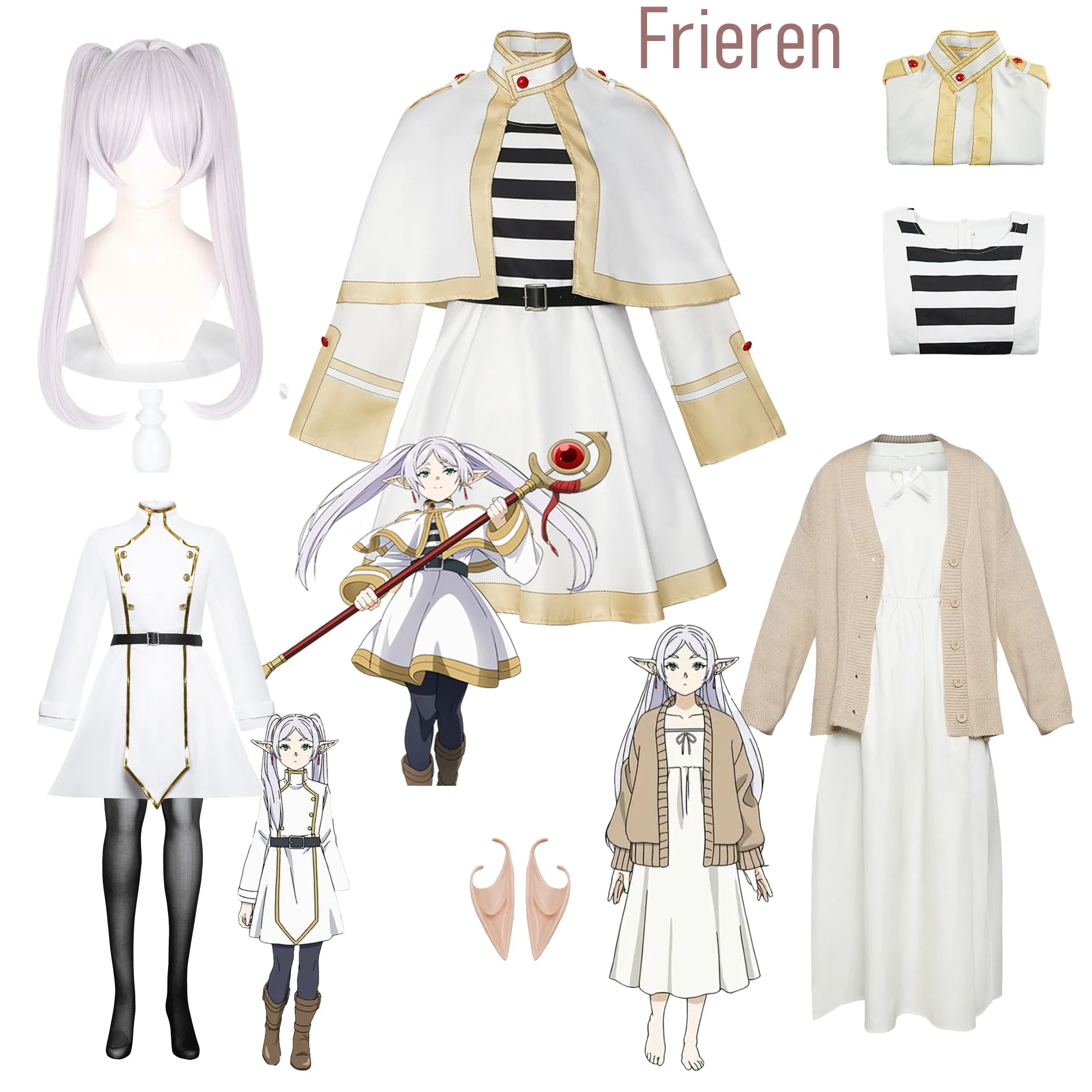 Frieren Beyond Journeys End Frieren Cosplay-Kostüm Kleid Ohren Strümpfe Perücke Komplettset Damen Anime Halloween-Party Karneval