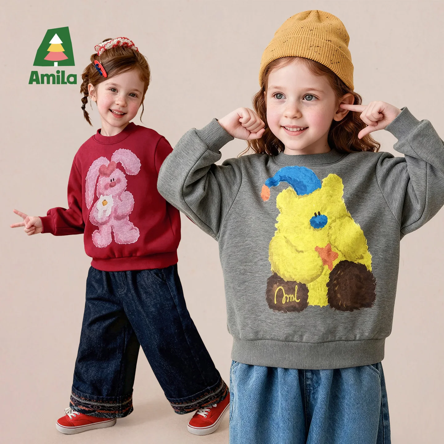 Amila 2026 Winter New Kids Sweatshirt American Crew Neck Print Loose Fit Fleece Lined Warm Extra Soft Daily Versatile Top
